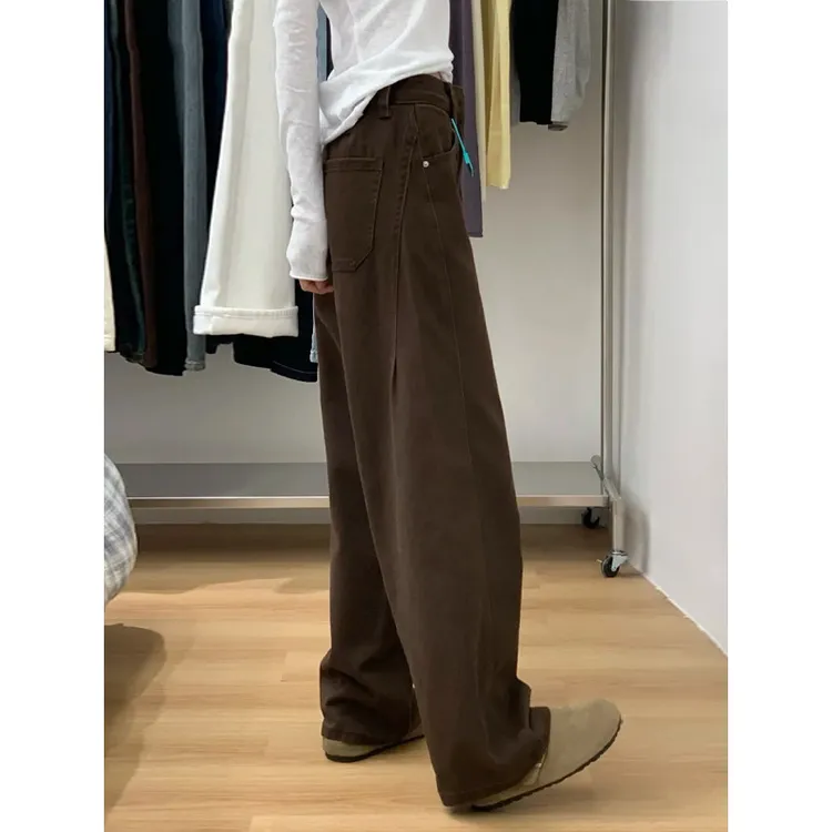 咖色美式弯刀阔腿牛仔裤女秋季新款高腰显瘦宽松梨形身材阔腿裤子