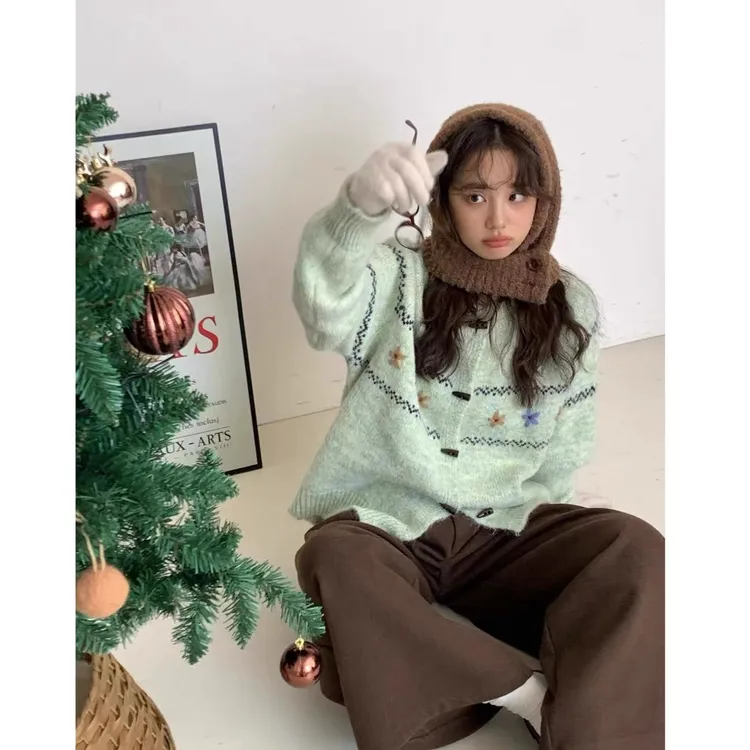费尔岛毛衣开衫女秋冬季牛角扣宽松慵懒风提花百搭外套82221#0.1