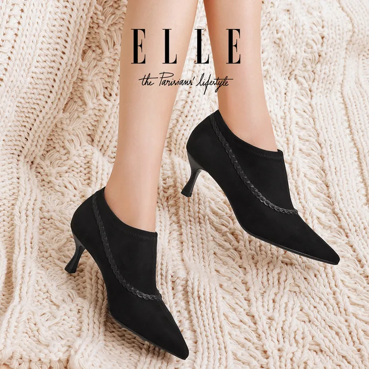 ELLE小众设计斜边编织短靴女2025新款复古绒面尖头细跟显瘦弹力靴