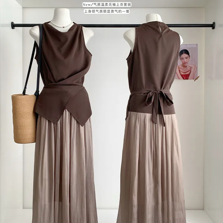 法式气质优雅风修身显瘦交叉捏褶无袖上衣+高腰仙气半身裙两件套