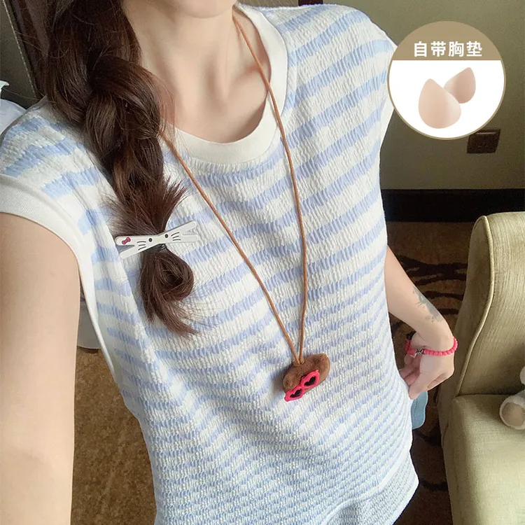 带胸垫甜美风条纹睡衣女款夏季爆款云朵棉无袖背心女士家居服套装