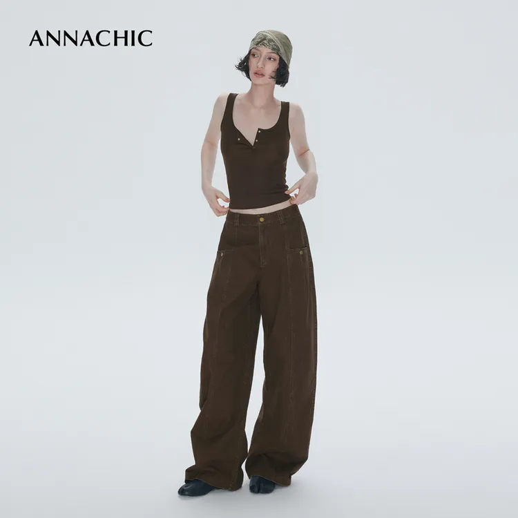 【玛丽专属】ANNACHIC时髦随性_口袋设计宽松阔腿牛仔裤/休闲工装裤