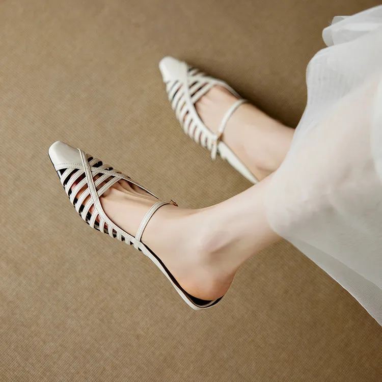 新品春夏编织带包头凉拖鞋女尖头低跟粗跟镂空百搭红色气质一字带