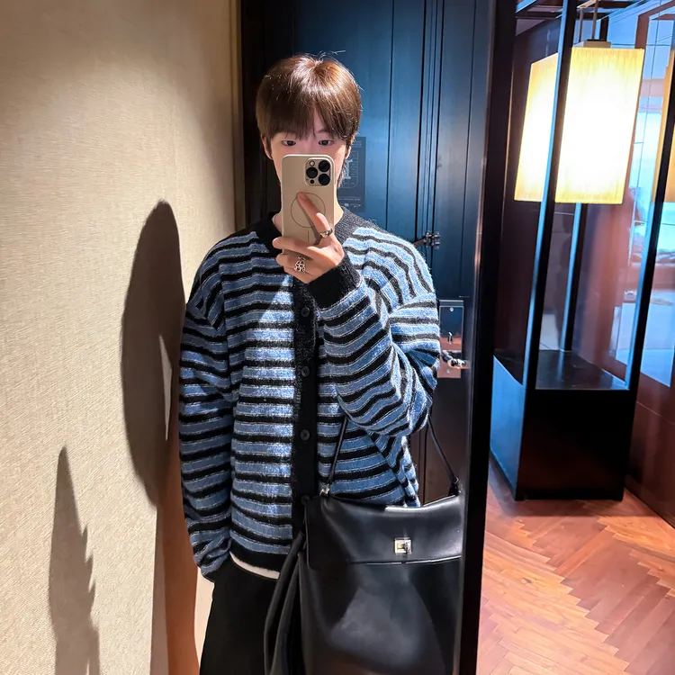 高林凡 拼接撞色条纹开衫羊毛毛衣外套男女休闲百搭针织上衣