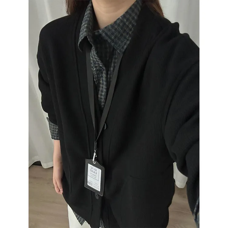 黑色华夫格开衫卫衣外套男款春秋轻职场通勤穿搭慵懒风v领针织衫