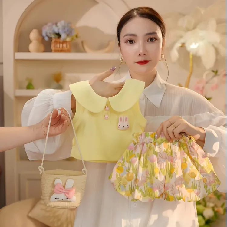 女童田园风夏季背心短裤两件套女卡通风短裤套装童装韩版宝宝