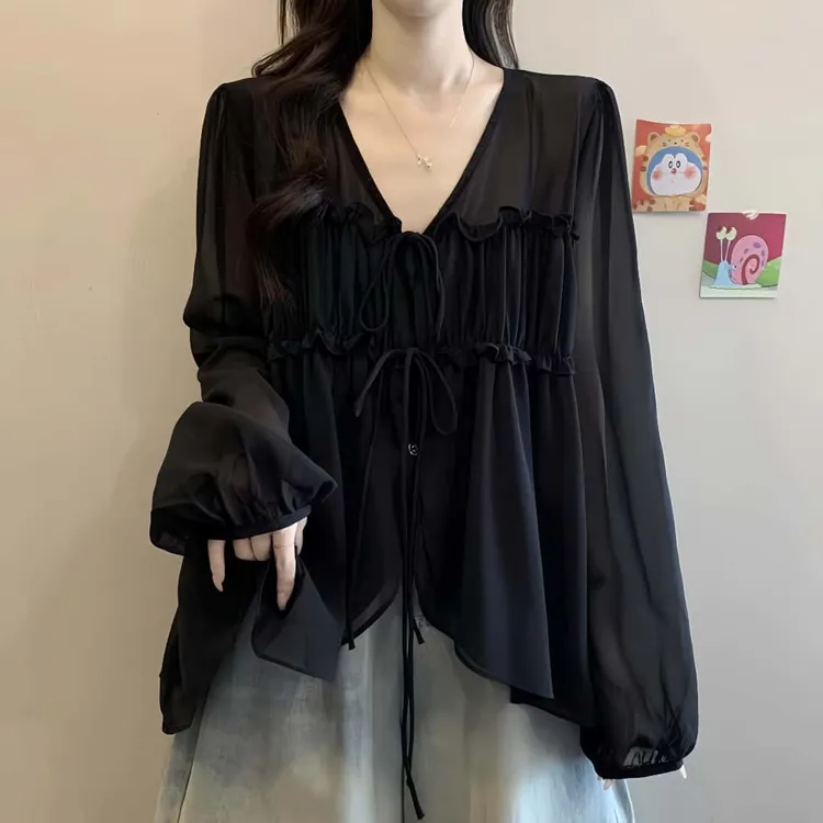 大码女装遮肚子法式不规则V领防晒雪纺衫女夏季胖mm显瘦遮肉上衣
