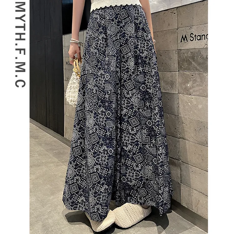 慵懒风复古印花九分山本裙裤子女夏季薄款2025新款宽松冰丝阔腿裤
