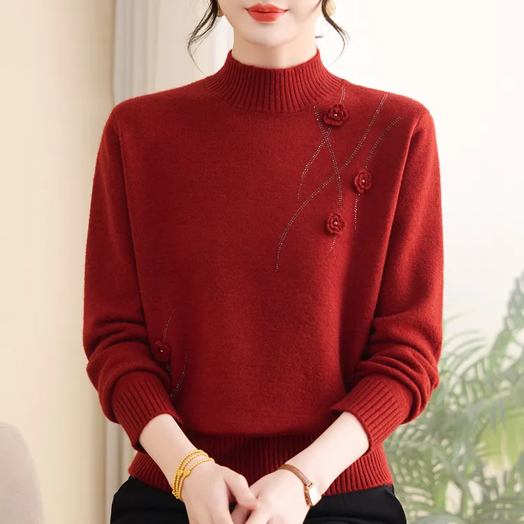 秋冬妈妈装半高领绣花保暖毛衣中老年女装时尚加厚针织打底衫688