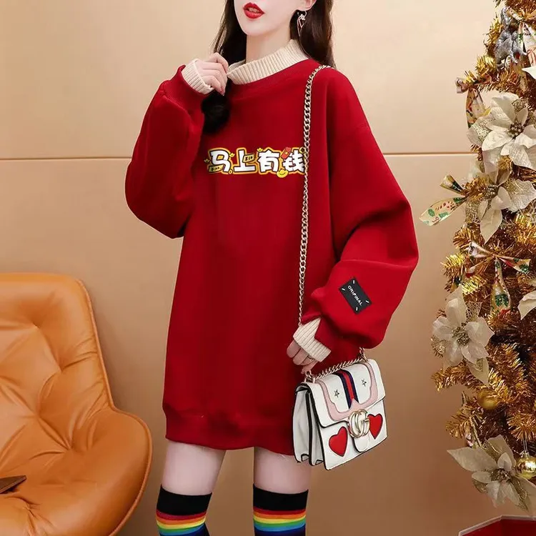 时尚大码假两件秋冬款加绒加厚卫衣女休闲宽松红色新年上衣半高领
