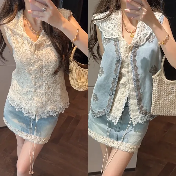 【mimius】L 复古风连帽蕾丝钩花背心+牛仔马甲+牛仔裙裤 G04172