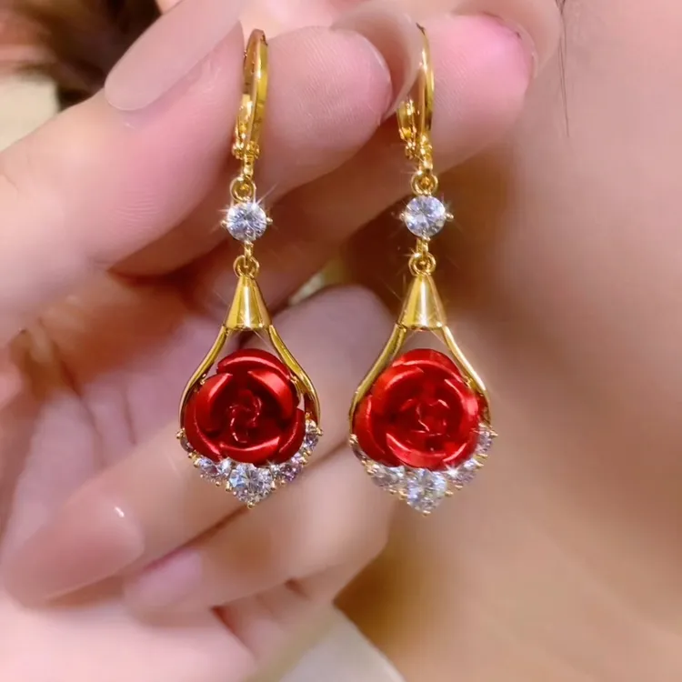 铜合金合成锆石耳饰 【玫瑰之约】新款时尚高级感耳环节日送礼女友