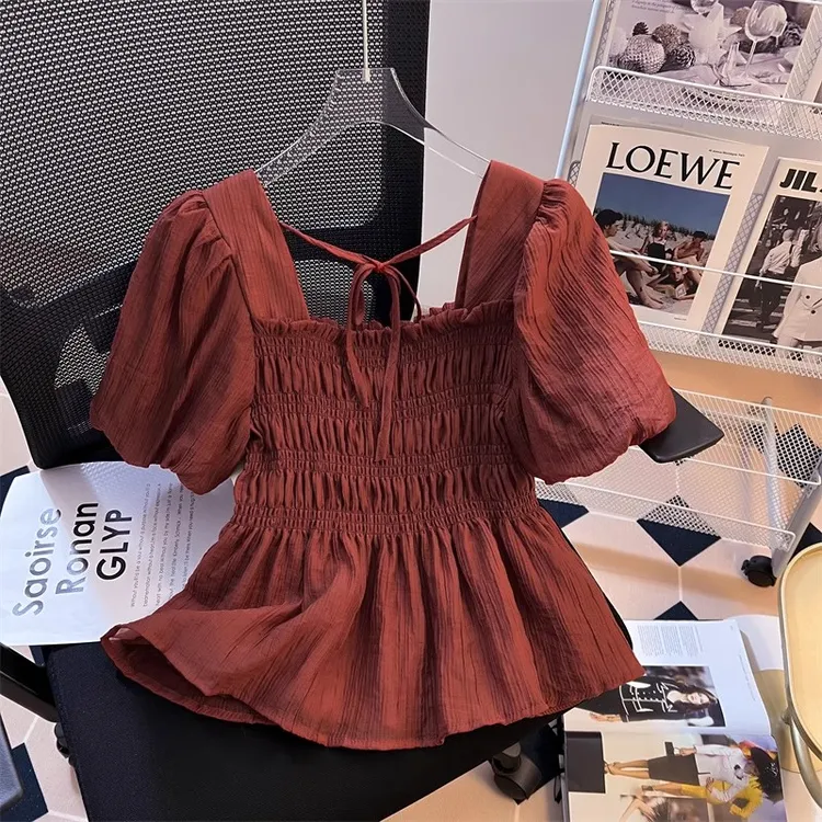 法式方领雪纺衫女夏季设计感褶皱泡泡袖上衣收腰显瘦遮肚别致小衫