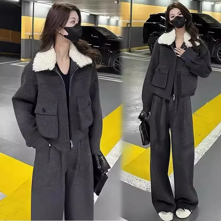 拉夏贝尔时尚呢子套装女秋冬2025洋气显瘦加厚短外套阔腿裤两件套