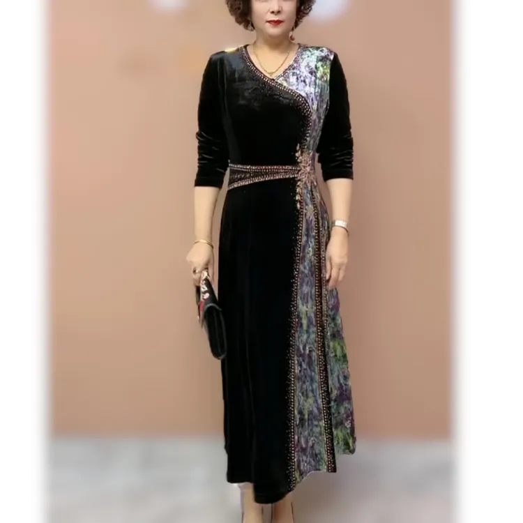 原创设计收腰显瘦新中式拼接改良秋冬气质洋气时尚优雅V领连衣裙