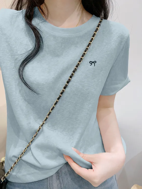 浅蓝色慵懒蝴蝶结休闲短袖t恤夏季雪花棉老钱风女式衣服遮肉上衣