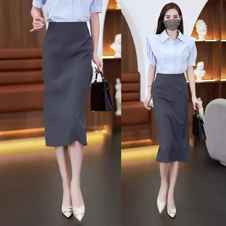 拉夏贝尔西装裙半身裙长款垂感高腰包臀裙女2025夏新款直筒止步裙