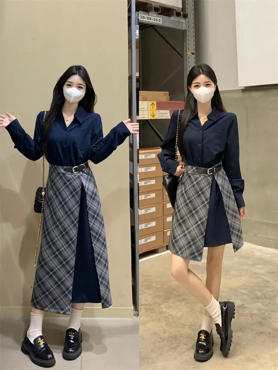 大码早秋时尚复古气质设计感一片式拼接收腰显瘦假两件衬衫连衣裙