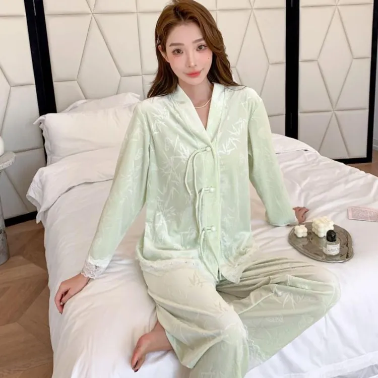 新中式竹叶款金丝绒优雅女士睡衣家居服