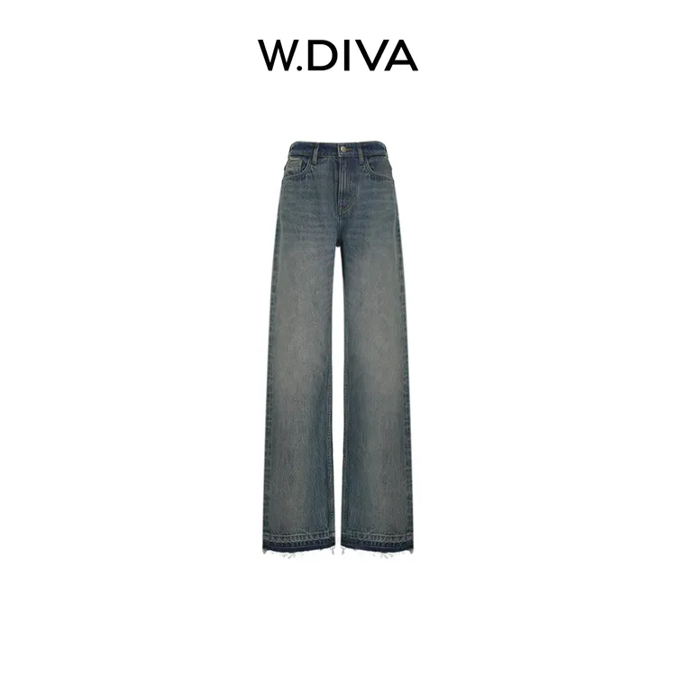 W.Diva【蓝沫】100棉复古洋气衣服女水洗毛边裤腿牛仔裤1KDM43030