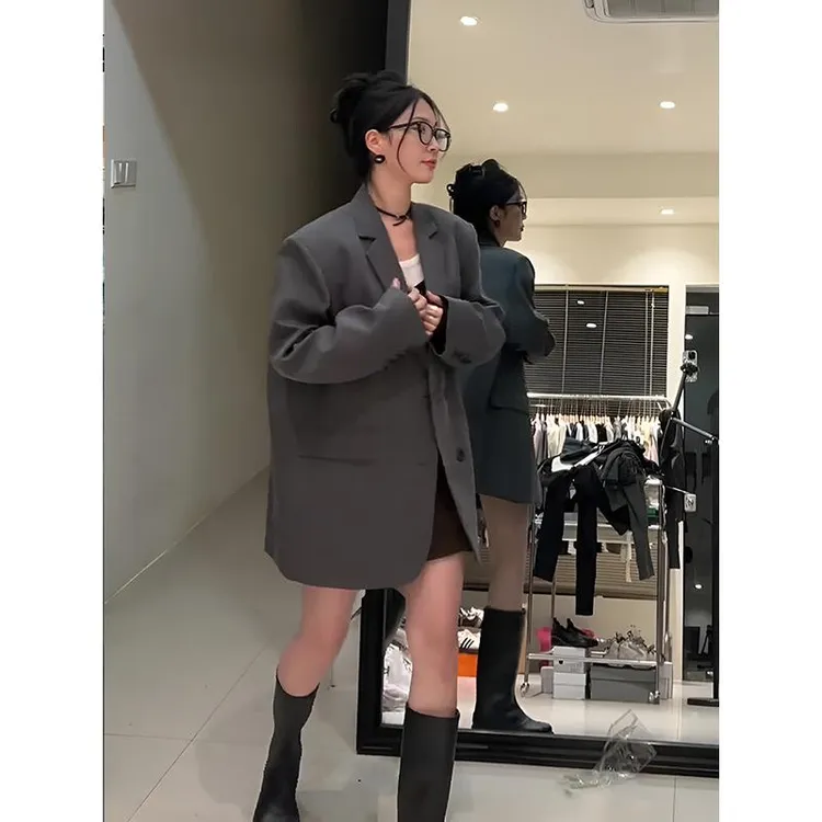 设计感oversize宽松休闲廓形大垫肩中长款灰色西装西服外套女春秋