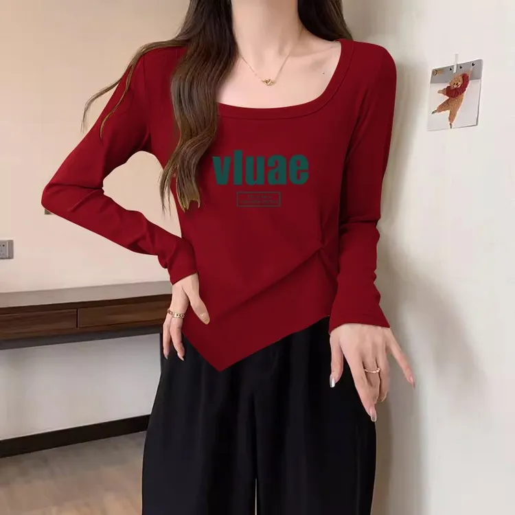 短款方领时尚修身春秋新款长袖打底字母印花T恤女显瘦上衣女百搭