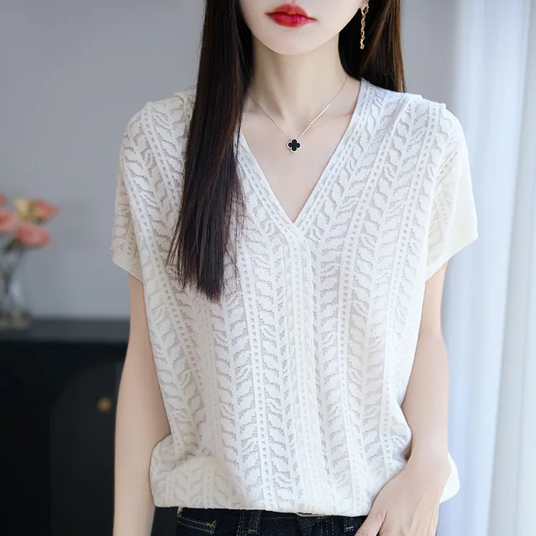 镂空薄款套头妈妈显瘦针织T恤V领毛针织衫大码时尚气质宽松夏季