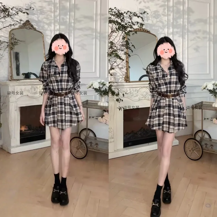2025早秋新款时尚复古风长袖连衣裙女装今年流行收腰格纹衬衫短裙