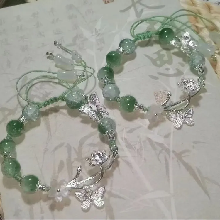 铜合金玻璃手链 青青子衿手链中式】清冷绿色设计闺蜜编制手绳【