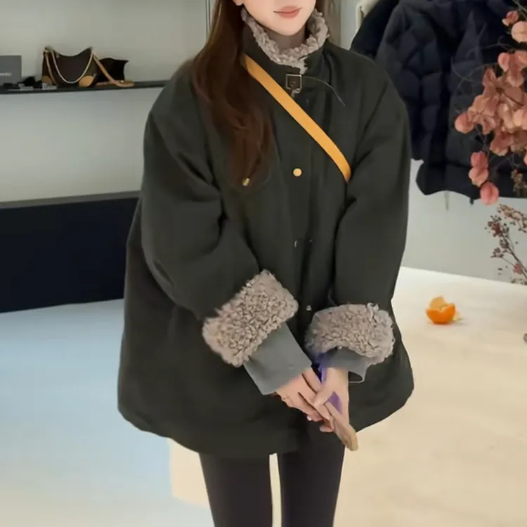 宽松牛仔拼接棉衣女2025秋冬复古版型宽松百搭日常通勤出街穿搭