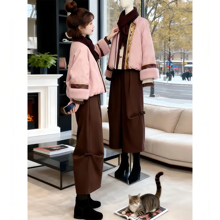 新中式国风棉服外套阔腿裤时尚两件套女士2025秋冬季新款气质套装