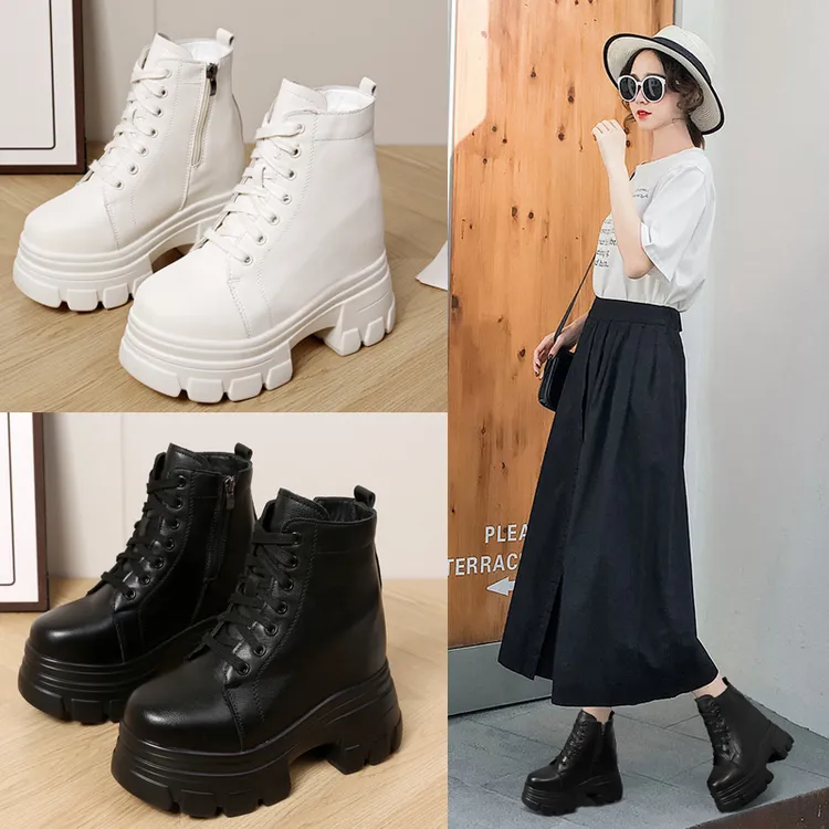 厚底马丁靴原创小个子隐形增高16CM秋冬经典百搭女鞋真皮配裙短靴