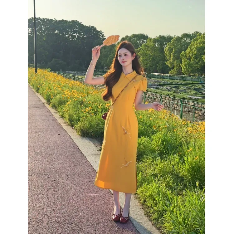 【成蝶】<77>新中式斜门襟蝴蝶刺绣旗袍连衣裙显瘦XMZH7426