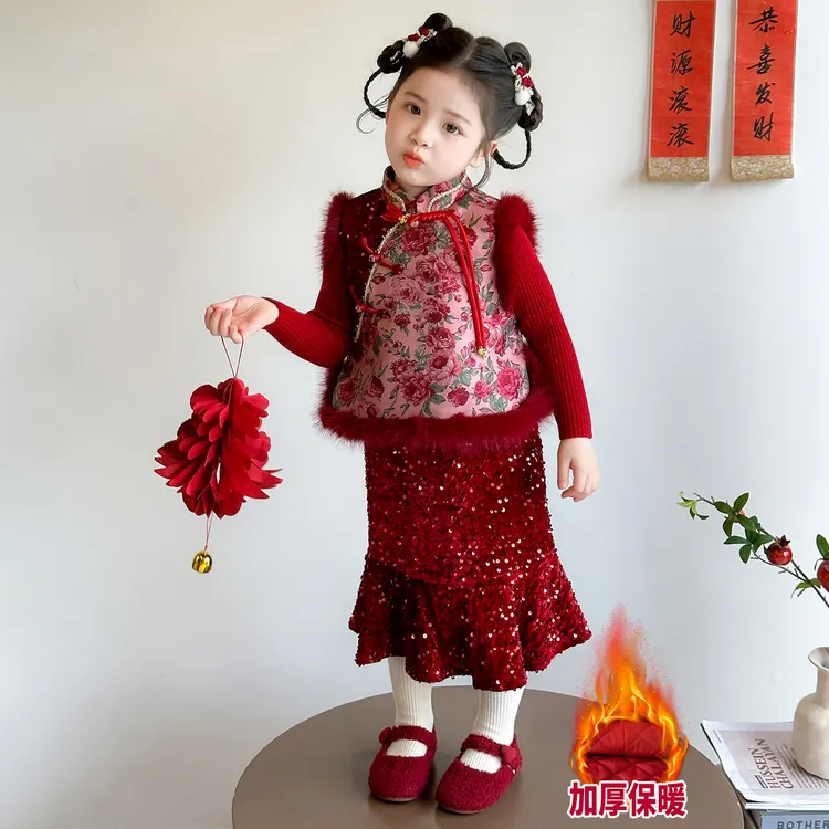 女童拜年服套装冬季新款儿童新中式马甲三件套宝宝喜庆加厚过年服