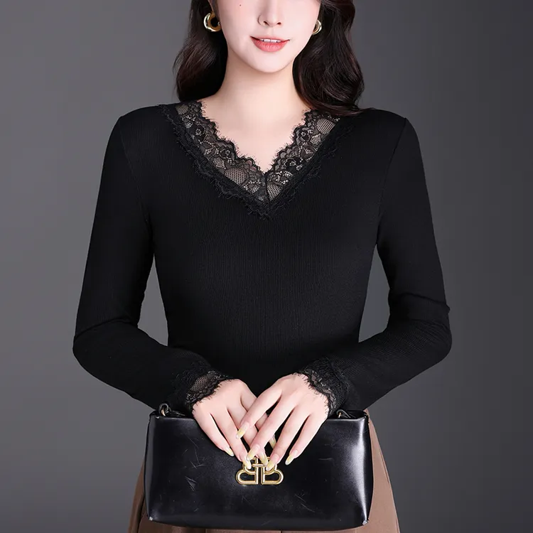 内搭春秋拼接蕾丝V领长袖T恤显瘦百搭打底衫修身薄小衫百搭上衣