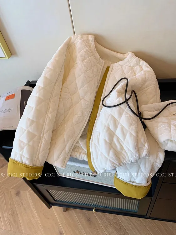 静奢风撞色丝绒菱格棉服短外套女2025冬季新款小个子圆领夹棉上衣