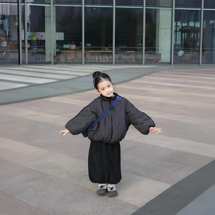 儿童套装冬季男女童条纹棉衣外套森系百搭立领韩版棉服加绒阔腿裤