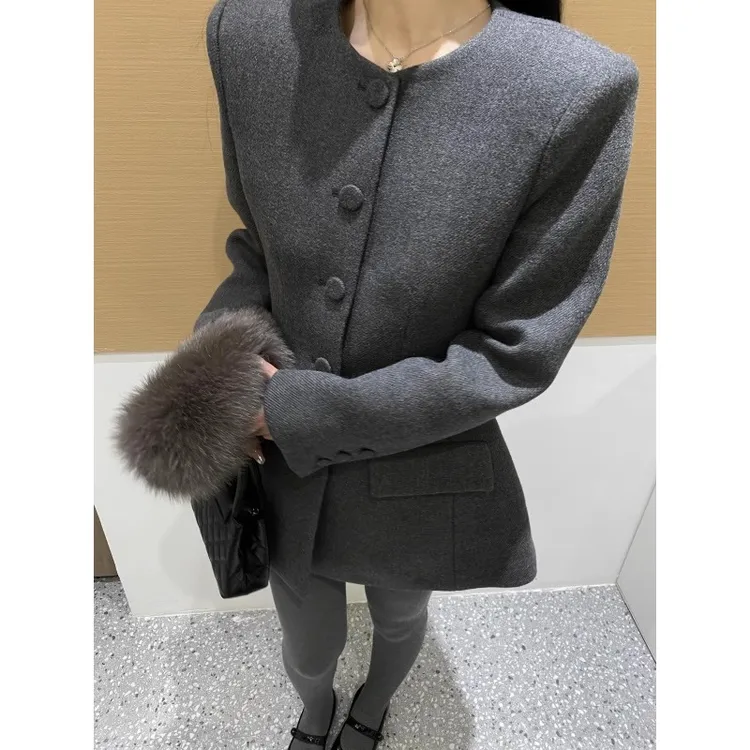 灰色沙漏腰大衣女2025春新款韩国东大门毛呢西装外套圆领收腰外套
