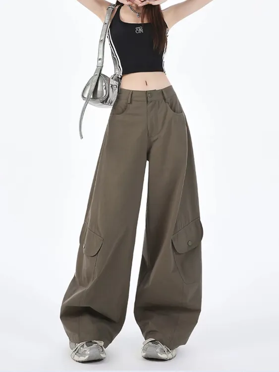 【48H】设计感美式复古弯刀裤子女宽松口袋阔腿工装裤休闲裤AM25918