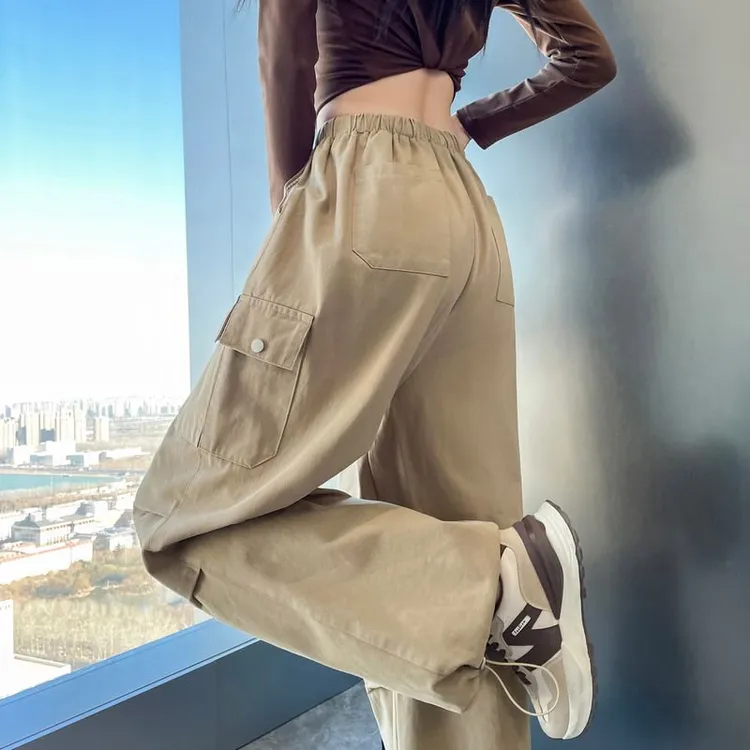 现货2025春新款宽松棉质高腰洗水工装阔腿休闲运动裤女