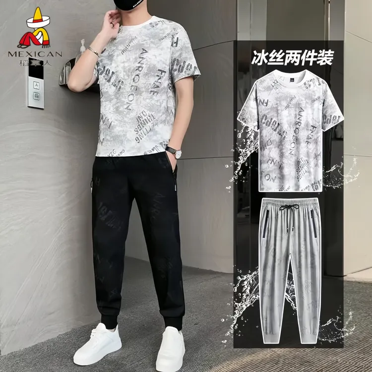 稻草人夏季新款时尚休闲短袖套装男士t恤九分裤男装速干裤两件套