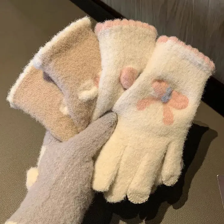 25款可爱毛绒五指手套女冬季保暖骑行防冻加厚蝴蝶结针织手套学生