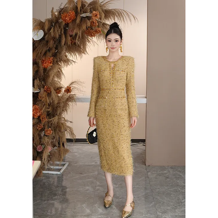 【现货】周子仪黄色小香风连衣裙女秋冬2025年新款气质重工时尚裙子