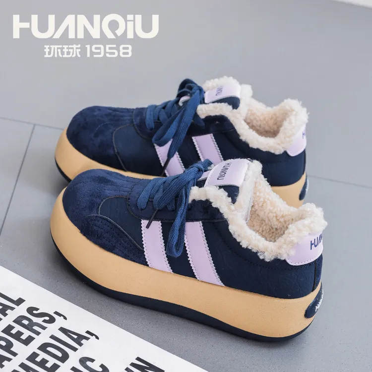 环球2025秋冬新款加绒拼色百搭板鞋厚底增高舒适轻便时尚休闲鞋女