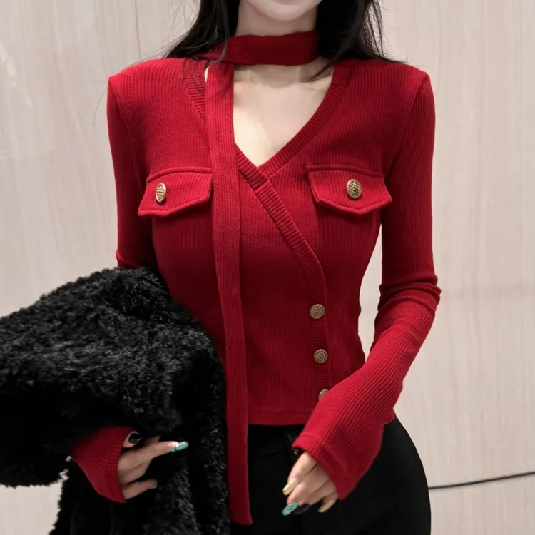 新年V领飘带秋冬磨毛加绒纯欲辣妹风挂脖长袖T修身显瘦上衣打底衫