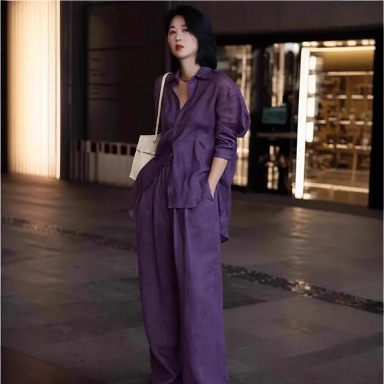 高端老钱风亚麻衬衫套装女夏季气质通勤松弛感防晒衣阔腿裤两件套