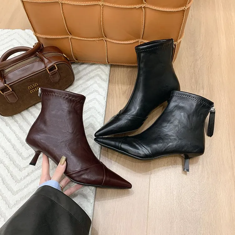 尖尖头英伦风皮拼接细跟5CM高跟鞋瘦瘦靴【108-5D】