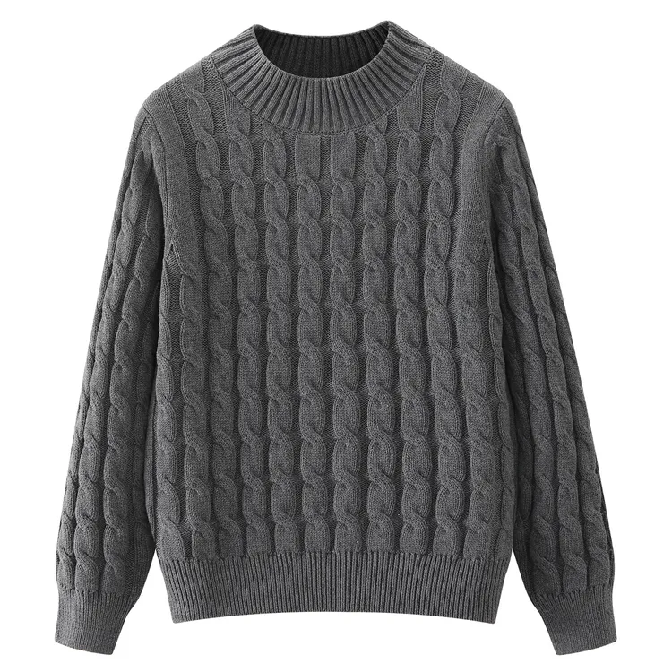 100%全棉保暖宽松型厚款绞花麻花圆领长袖针织衫可秋冬单穿毛衣女