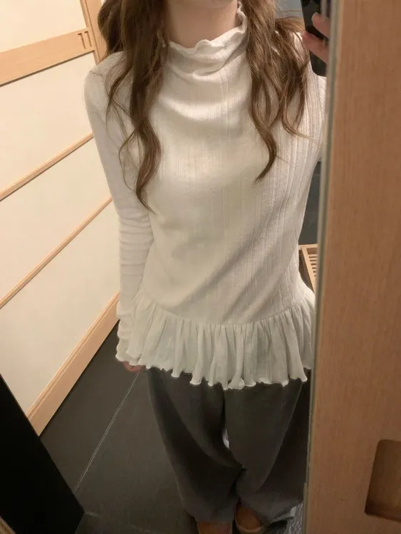 韩系穿搭木耳花边长袖T恤女秋冬新款修身半高领洋气减龄上衣打底