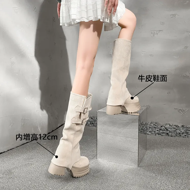 内增高12cm两穿可拆卸裤管靴厚底小个子长筒靴女粗跟马丁靴单靴女